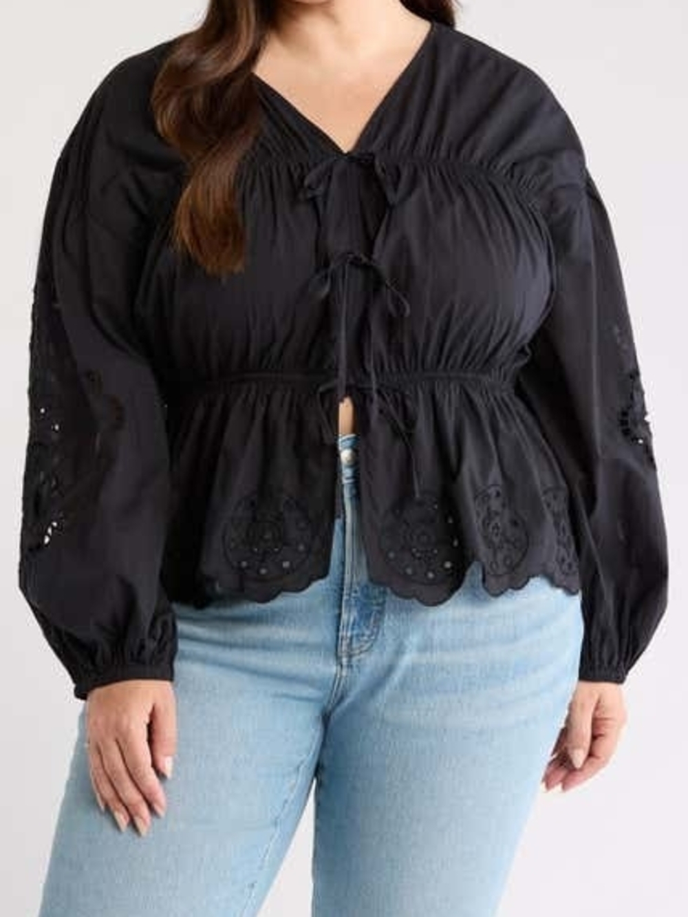 Treasure & Bond Black Eyelet Tie-Front Peasant Blouse